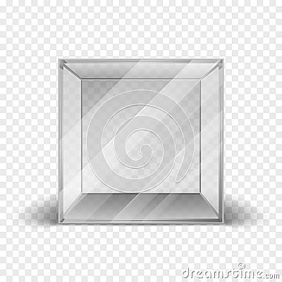 Empty clean glass box cube showcase isolated on checkered background Vector Illustration