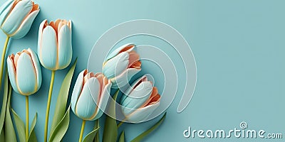 Empty clean light blue background with fresh tulip flowers and copy space Stock Photo