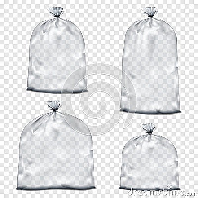 Empty clear tied plastic bag. Different sizes vector mockup set. Transparent pouch, package, trash liner mock-up Vector Illustration