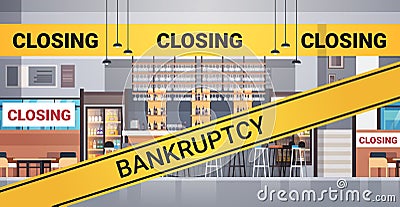 Empty closed bar with yellow bankruptcy closing tape coronavirus pandemic quarantine covid-19 Vector Illustration