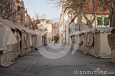 Empty closed bazaar in Split, Croatia during the corona virus outbreak. Closed covered shops and tents where many people trade and Stock Photo