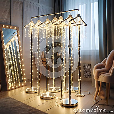 Empty clothes hangers illuminated by string lights creating a magical atmosphere in a room Stock Photo