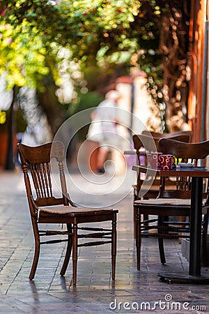 Empty coffee terrace with tables and chairs Stock Photo