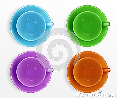 Empty color cups for coffee and tea top view Vector Illustration