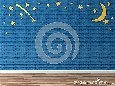 Empty colorful wall decorate with yellow moon and star 3d render Stock Photo