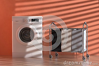 Empty Compartiments Laundry Clothing Separation Trolley Cart Room Service Tool and Equipment Near Modern White Washing Machine. 3d Stock Photo