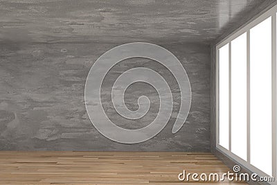 Empty concrete room with parquet wood floor in 3D rendering Stock Photo