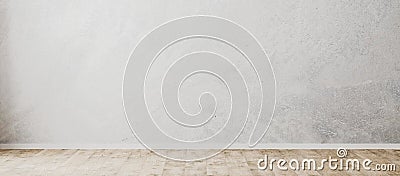 Empty concrete wall background, empty room with gray decorative plastic wall and wooden floor, panorama, 3d rendering Stock Photo