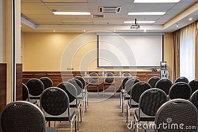 Empty conference hall with chairs and projection screen Stock Photo