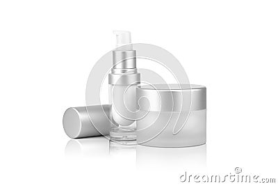 A empty container cream pump bottle uncover and a cream jar for cosmetic, mock up on white background with clipping path. Stock Photo