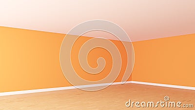 Empty Corner of the Room with Bright Orange Walls, White Ceiling, Light Parquet Cartoon Illustration
