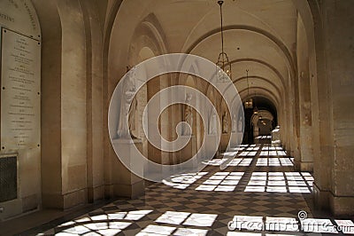 Empty corridor with marble statues at The Palace of Versailles P Editorial Stock Photo