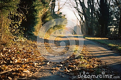 an empty country road with leaves on the ground Stock Photo