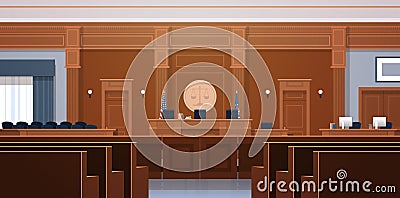 Empty courtroom with judge and secretary workplace jury box seats modern courthouse interior justice and jurisprudence Vector Illustration