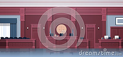 Empty courtroom with judge and secretary workplace jury box seats modern courthouse interior justice and jurisprudence Vector Illustration