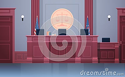 Empty courtroom with judge workplace chairs and table modern courthouse interior justice and jurisprudence concept Vector Illustration
