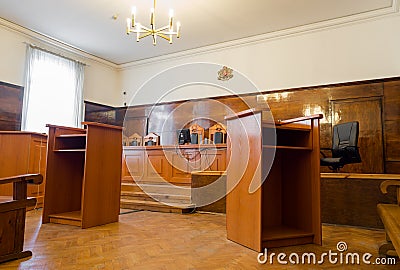 Empty courtroom with wooden benches Editorial Stock Photo