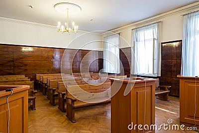 Empty courtroom with wooden benches Editorial Stock Photo