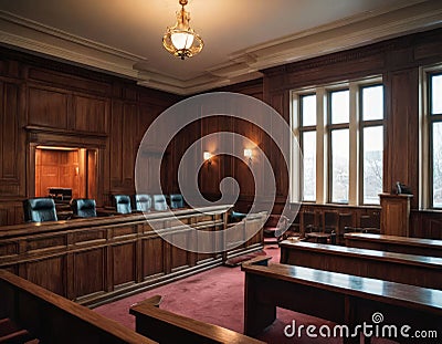 Empty courtroom, wooden benches, judge's chairs Stock Photo