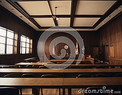 Empty courtroom, wooden benches, judge's chairs Stock Photo