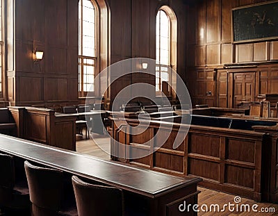 Empty courtroom, wooden benches, judge's chairs Stock Photo