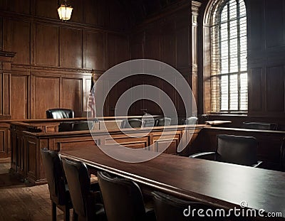 Empty courtroom, wooden benches, judge's chairs Stock Photo