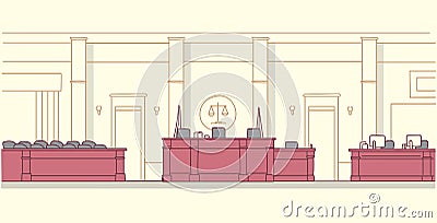 Empty courtroom with wooden furniture judge and secretary workplace jury box seats modern courthouse interior justice Vector Illustration