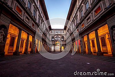 The empty courtyard by the Uffizi Museum in Florence, Italy at sunrise Editorial Stock Photo