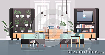 empty coworking center with tv screen modern office room interior open space with furniture Cartoon Illustration