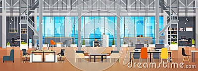 Empty Coworking Space Interior Modern Coworking Office Creative Workplace Space Horizontal Banner Vector Illustration