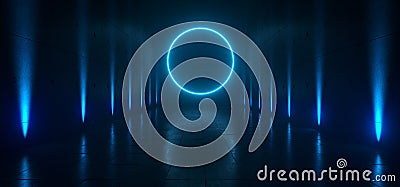 Empty Dark Futuristic Sci Fi Big Hall Room With Lights And Circle Shaped Neon Light On Refelction Surface 3D Rendering Stock Photo