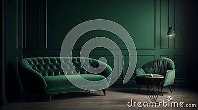 Empty dark green wall with a sofa and armchair in a cozy cabin in the woods Stock Photo
