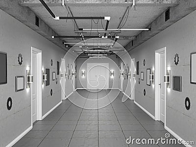 Empty dark loft-style corridor with white doors. 3d illustration Cartoon Illustration