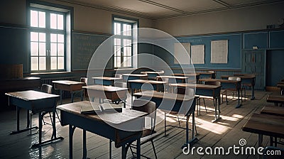 Empty defocused university classroom. Generative AI Stock Photo