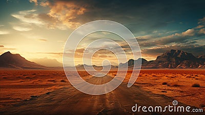 Empty desert road in the middle sand dunes. Stock Photo