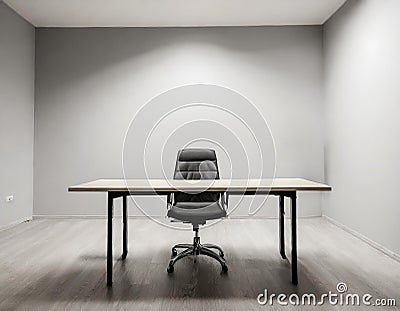 Empty desk in small office room with grey walls Stock Photo