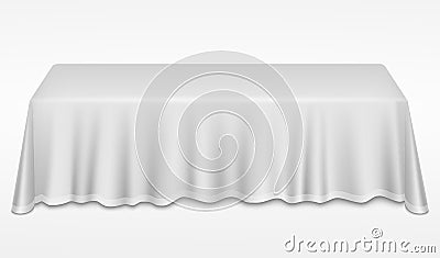 Empty dinner banquet table with white cloth 3d realistic desk vector illustration Vector Illustration