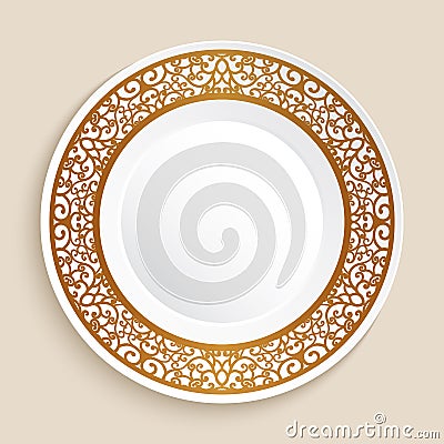 Empty plate with gold border Vector Illustration