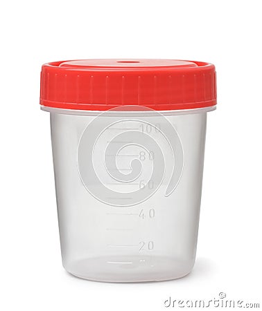 Empty disposable plastic specimen test container Stock Photo