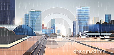 Empty downtown rain drops falling on city street without people and cars rainy summer day Vector Illustration