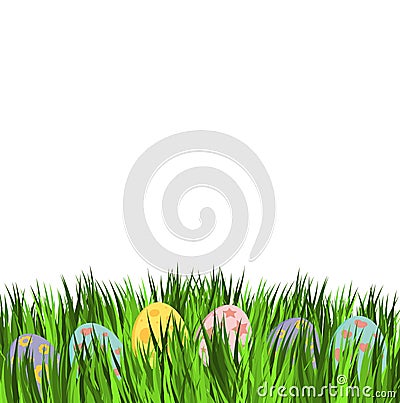 Empty easter card with eggs in pastel colors. Few decorative egg lying on green grass. Holiday vector design on white background Vector Illustration