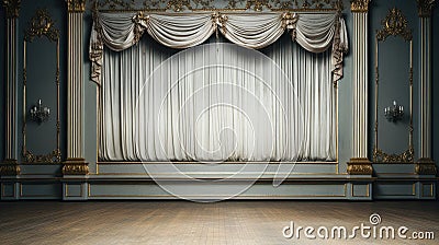Empty elegant classic theatre with big stage and closed curtains Stock Photo