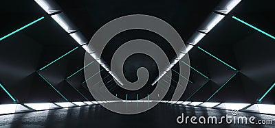 Empty Elegant Spaceship Modern Sci Fi Futuristic Long Dark Grunge Concrete Corridor With White Bright Lights And Blue Green Strip Stock Photo