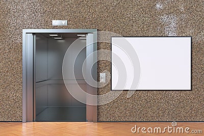 Empty elevator cabin with open doors and blank poster Cartoon Illustration