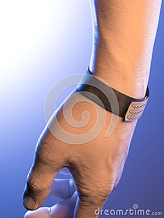 Empty Wrist Band Design Mock Up. Plain Hand Bracelets Template. Wrist Band On White Skinned Male Hand, 3d rendering Stock Photo
