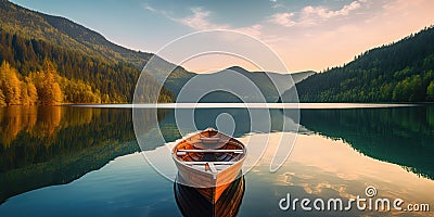 empty fisher boat floating on a calm surface of Lake through the mountains Stock Photo