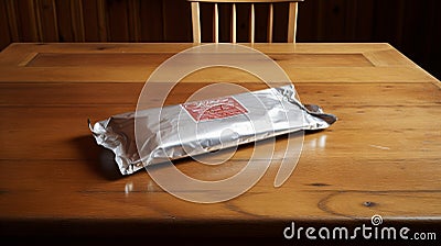 Empty Foil Package On Wooden Table: Anglocore British Landscapes Stock Photo