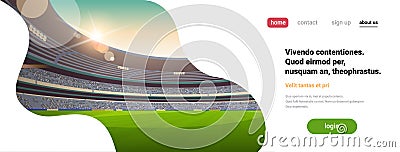 Empty football stadium field arena filled tribunes in the evening before start match copy space flat banner Vector Illustration