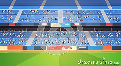 Empty football stadium field arena filled tribunes before start match flat horizontal Vector Illustration