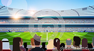 Empty football stadium field silhouettes of fans waiting match rear view flat horizontal Vector Illustration